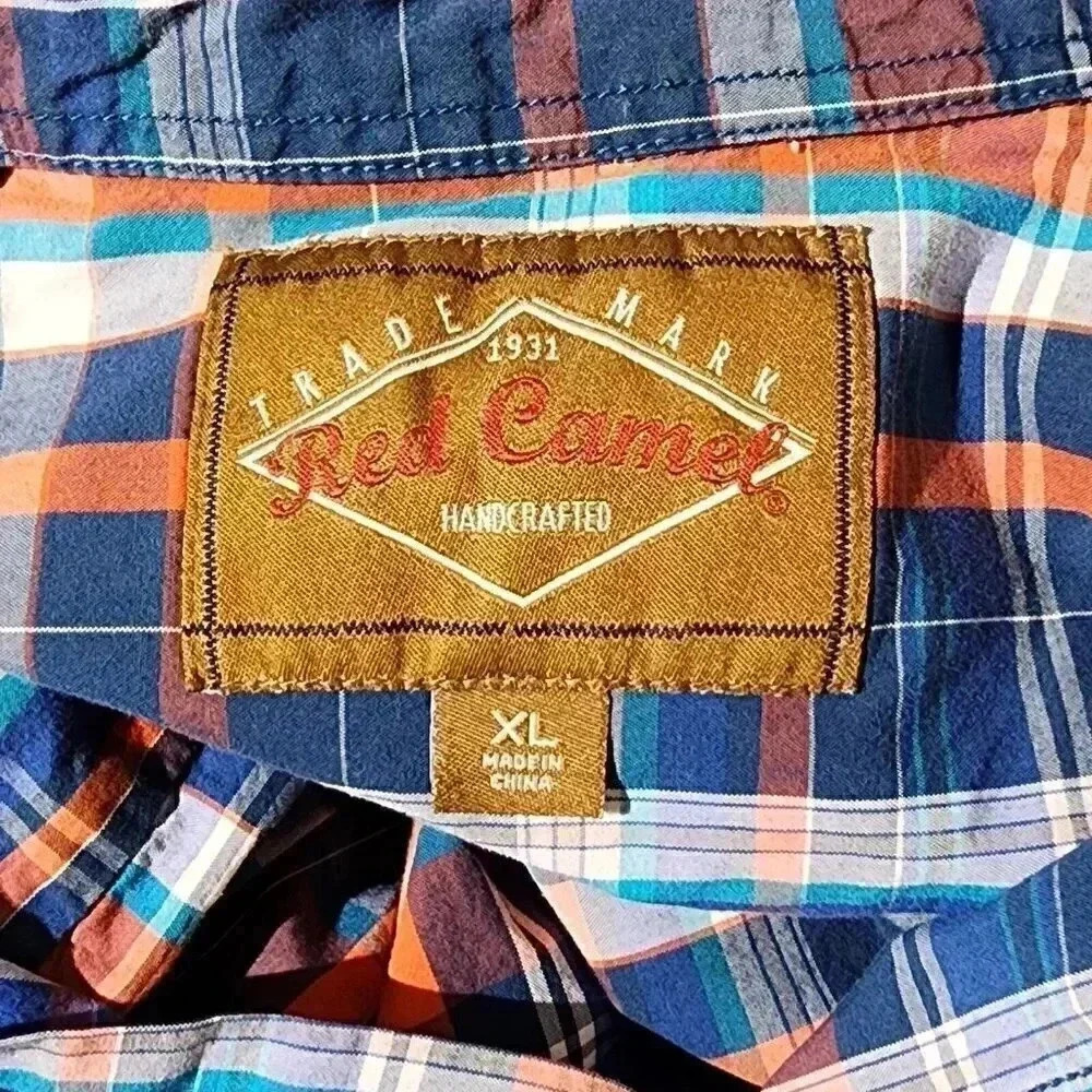 Red Camel Button Up Shirt Mens XL Long Sleeve Blue Plaid Cotton Casual Western - Picture 4 of 5